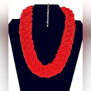Vintage 1990's Red Seed Beads Handcrafted Wide Triple Braid Choker 22" Necklace